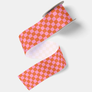 Geruit Oranje en Roze Satijnen Lint