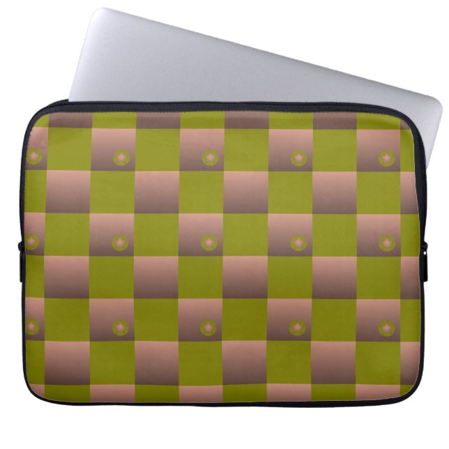 Geruit patroon in bruin en olijfgroen laptop sleeve (Voorkant)