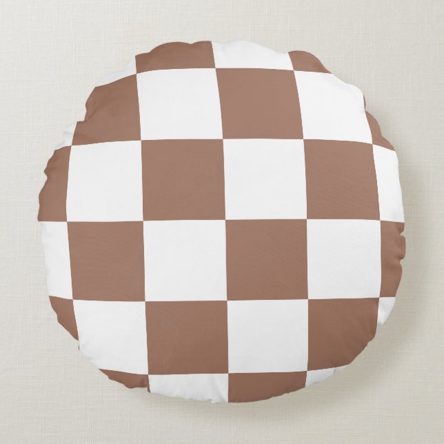 Geruit patroon in wit en Mocha Mousse Rond Kussen (Voorkant)