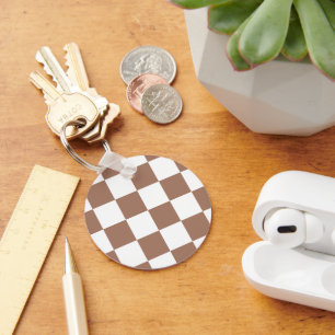 Geruit patroon in wit en Mocha Mousse Sleutelhanger