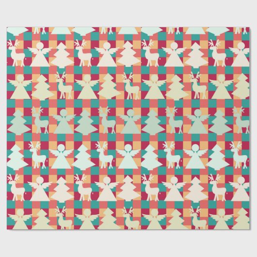 Geruit patroon met engelen, rendieren en bomen cadeaupapier (Vlak)