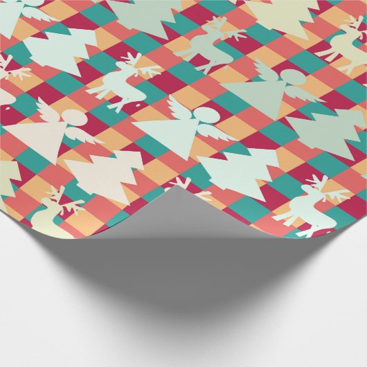 Geruit patroon met engelen, rendieren en bomen cadeaupapier (Hoek)