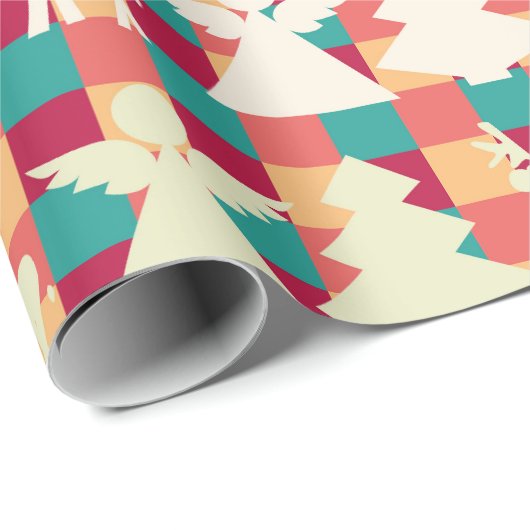 Geruit patroon met engelen, rendieren en bomen cadeaupapier (Rol Hoek)