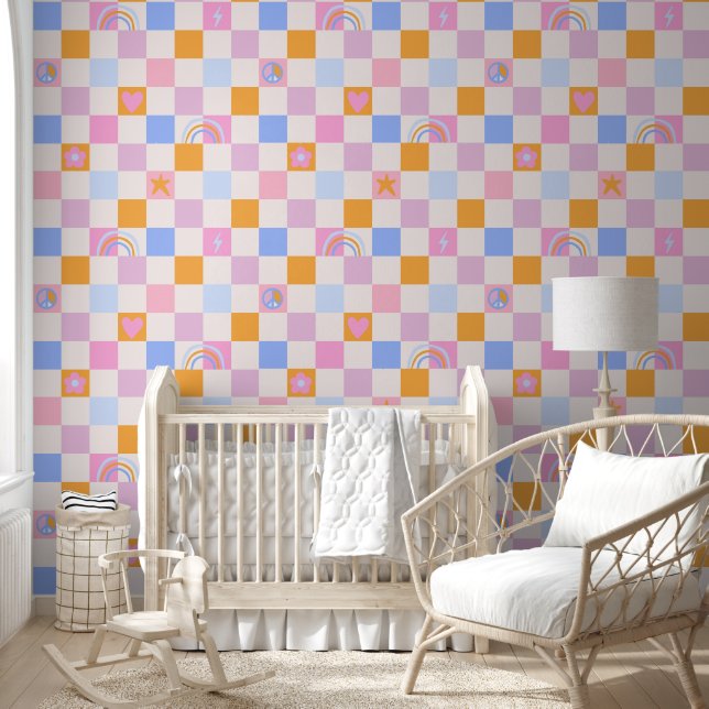 Geruit patroon Regenboog Vrede Girly Wallpaper Behang (Kinderen)