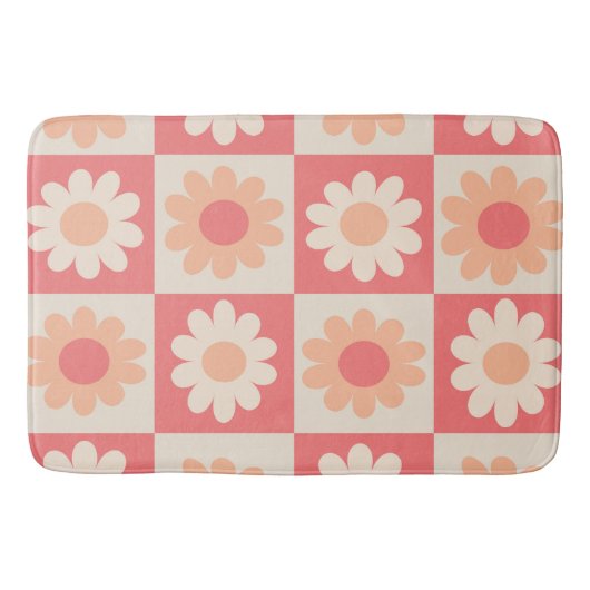 Geruit Perzik Fuzz Retro Bloemen Patroon Badmat (Voorkant)