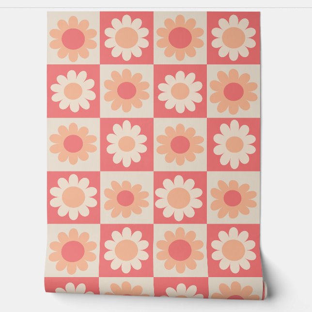 Geruit Perzik Fuzz Retro Bloemen Patroon Behang (Afrollen)