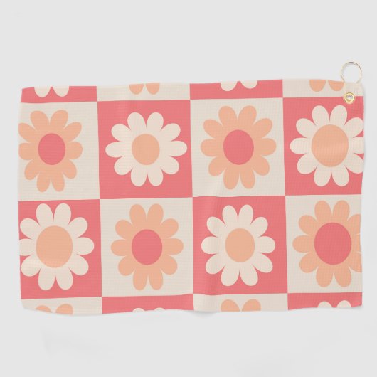 Geruit Perzik Fuzz Retro Bloemen Patroon Golfhanddoek (Horizontaal)