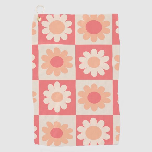 Geruit Perzik Fuzz Retro Bloemen Patroon Golfhanddoek (Voorkant)