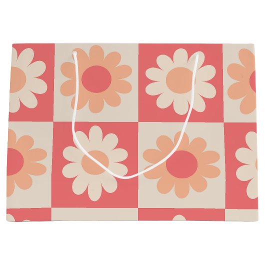 Geruit Perzik Fuzz Retro Bloemen Patroon Groot Cadeauzakje (Voorkant)