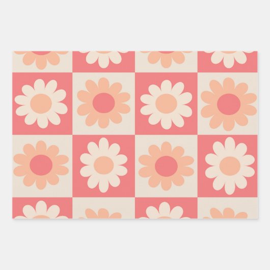Geruit Perzik Fuzz Retro Bloemen Patroon Inpakpapier Vel (Voorkant 3)