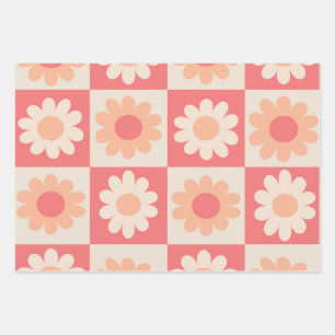 Geruit Perzik Fuzz Retro Bloemen Patroon Inpakpapier Vel