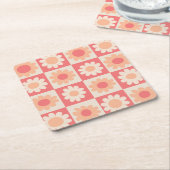 Geruit Perzik Fuzz Retro Bloemen Patroon Kartonnen Onderzetters (Schuin)