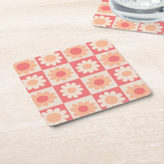 Geruit Perzik Fuzz Retro Bloemen Patroon Kartonnen Onderzetters (Schuin)