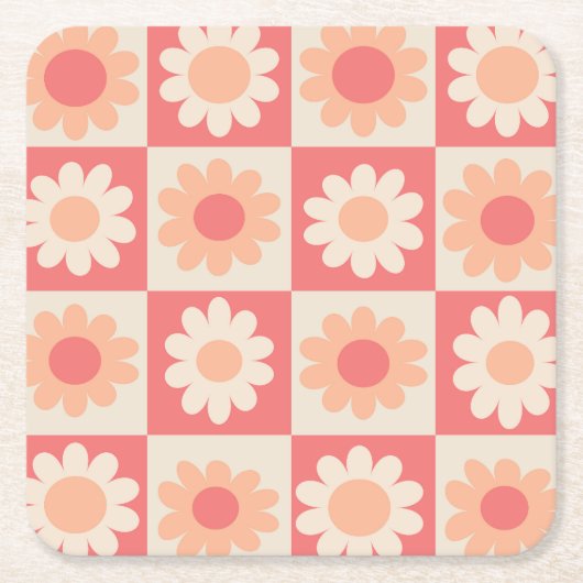 Geruit Perzik Fuzz Retro Bloemen Patroon Kartonnen Onderzetters (Voorkant)