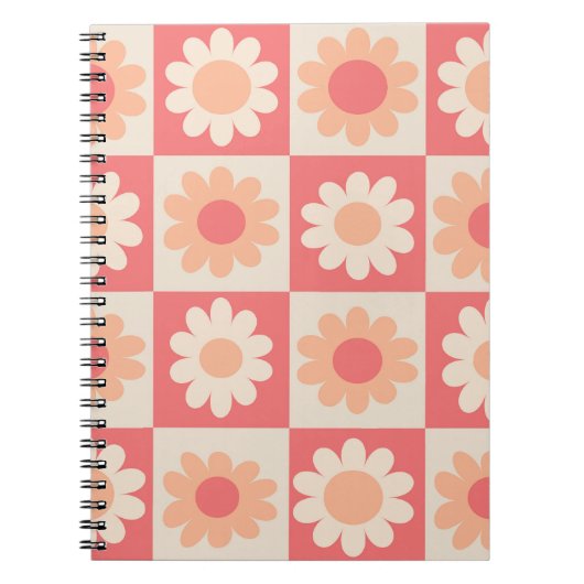 Geruit Perzik Fuzz Retro Bloemen Patroon Notitieboek (Voorkant)