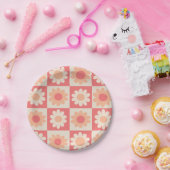 Geruit Perzik Fuzz Retro Bloemen Patroon Papieren Bordje (Feest)