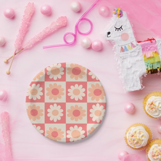 Geruit Perzik Fuzz Retro Bloemen Patroon Papieren Bordje (Feest)