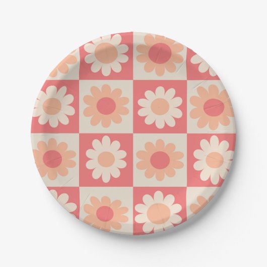 Geruit Perzik Fuzz Retro Bloemen Patroon Papieren Bordje (Voorkant)