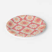 Geruit Perzik Fuzz Retro Bloemen Patroon Papieren Bordje (Gekanteld)