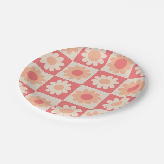 Geruit Perzik Fuzz Retro Bloemen Patroon Papieren Bordje (Gekanteld)
