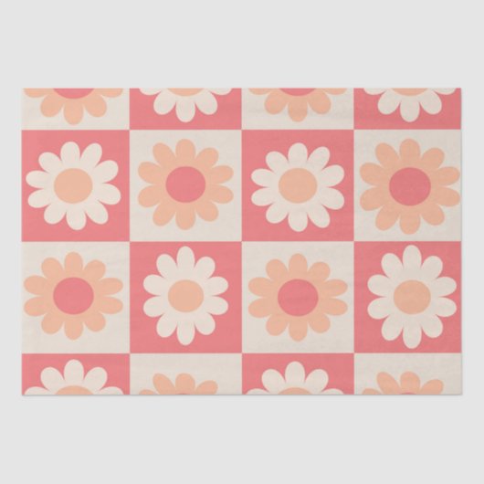 Geruit Perzik Fuzz Retro Bloemen Patroon Tissuepapier (Voorkant)