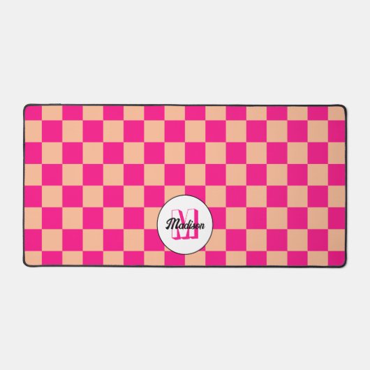 Geruit perzik heet roze geometrische retro Monogra Bureaumat (Voorkant)