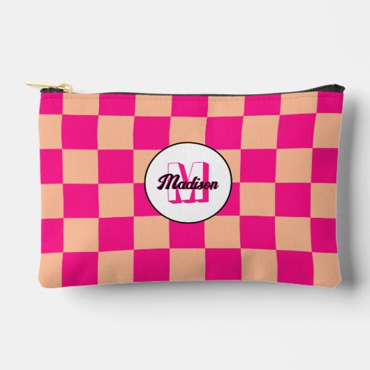 Geruit perzik heet roze geometrische retro Monogra Etui (Voorkant)