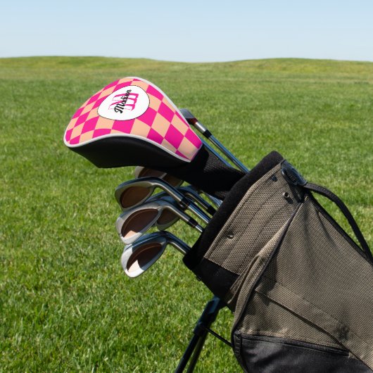 Geruit perzik heet roze geometrische retro Monogra Golfheadcover (Insitu)