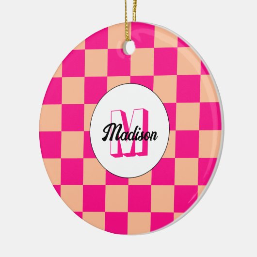 Geruit perzik heet roze geometrische retro Monogra Keramisch Ornament (Links)