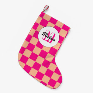 Geruit perzik heet roze geometrische retro Monogra Kleine Kerstsok
