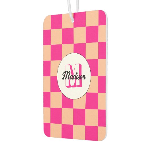 Geruit perzik heet roze geometrische retro Monogra Luchtverfrisser (Links)