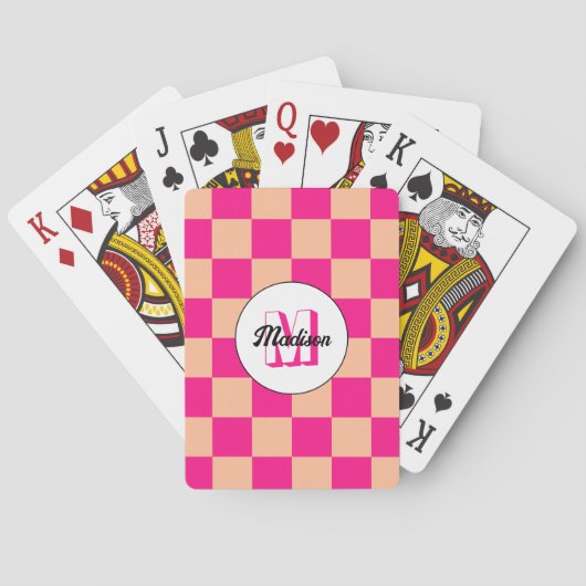 Geruit perzik heet roze geometrische retro Monogra Pokerkaarten (Achterkant)