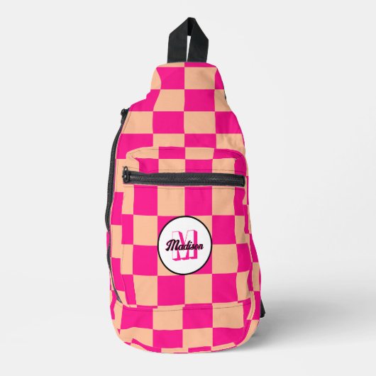Geruit perzik heet roze geometrische retro Monogra Sling Bag (Voorkant)