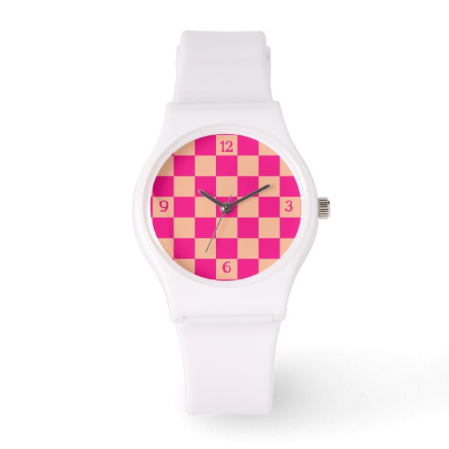 Geruit perzik heet roze geometrische retro w numme horloge (Voorkant)