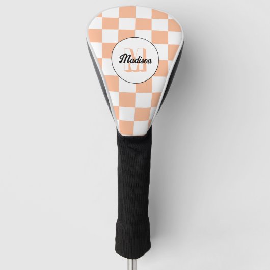 Geruit perzikkleurig wit geometrisch retro monogra golfheadcover (Voorkant)