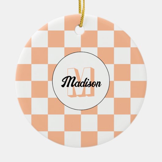 Geruit perzikkleurig wit geometrisch retro monogra keramisch ornament (Voorkant)