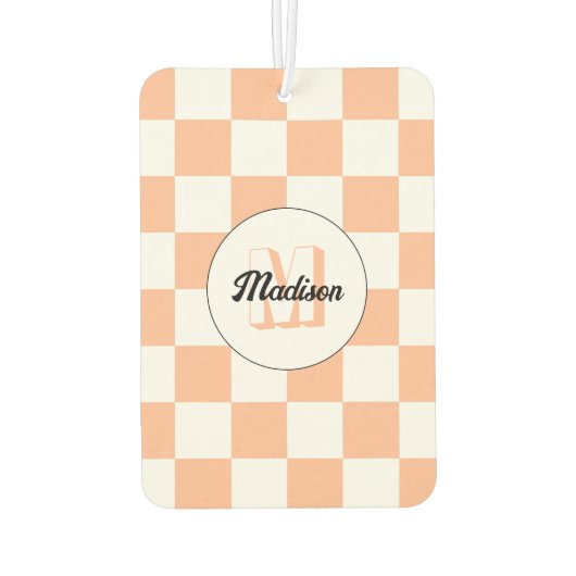 Geruit perzikkleurig wit geometrisch retro monogra luchtverfrisser (Achterkant)