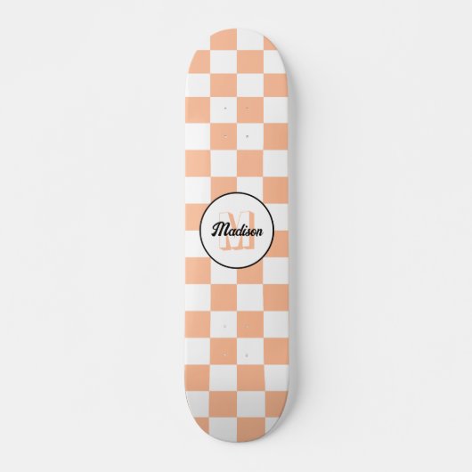 Geruit perzikkleurig wit geometrisch retro monogra persoonlijk skateboard (Voorkant)