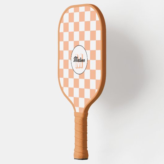 Geruit perzikkleurig wit geometrisch retro monogra pickleball paddle (Links)