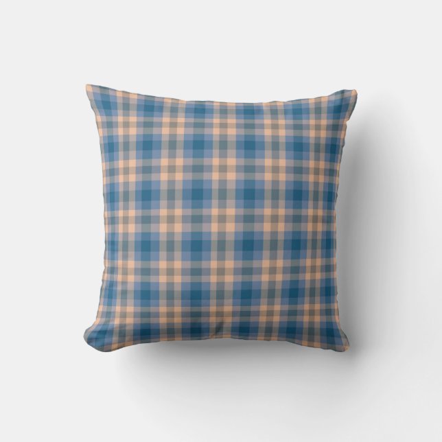 Geruit Plaid Beige Blauw Grijs en Perzik Kussen (Voorkant)