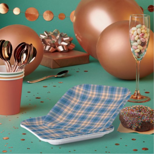 Geruit Plaid Beige Blauw Grijs en Perzik Papieren Bordje (Multi)