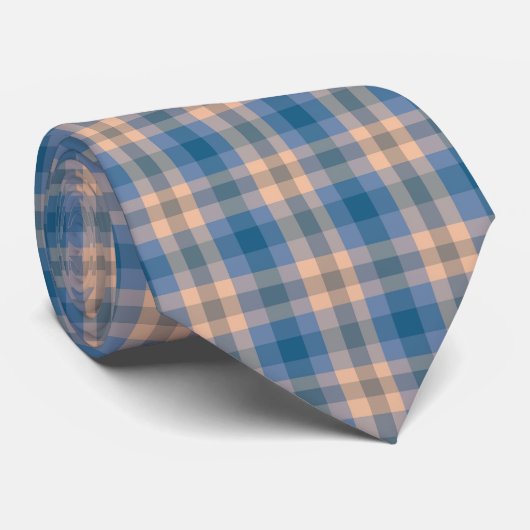 Geruit Plaid Beige Blauw Grijs en Perzik Stropdas (Opgerold)