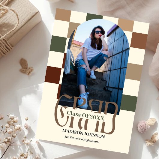 Geruit Retro Afstudeerder '25 Arch Foto Afstuderen Kaart