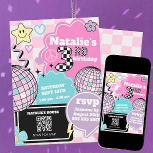 Geruit Retro Groovy Disco 3e verjaardagsfeestje Kaart