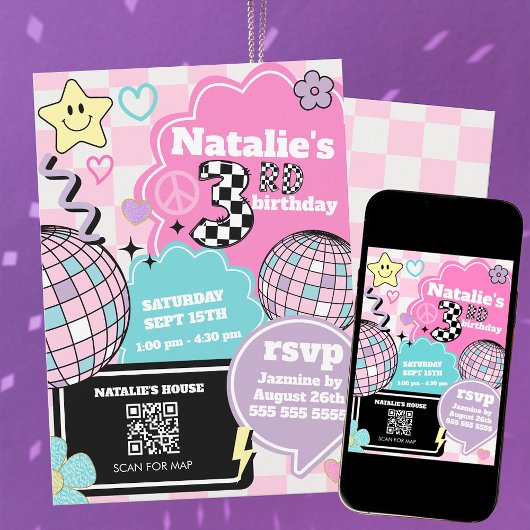 Geruit Retro Groovy Disco 3e verjaardagsfeestje Kaart