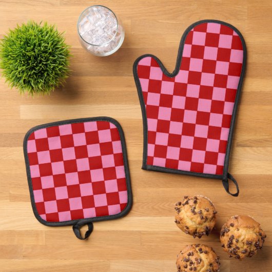 Geruit rood en heet roze ovenwant & pannenlap set (Top down)