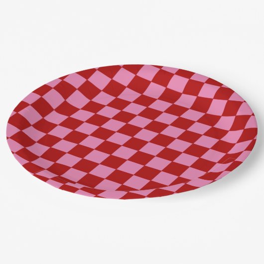 Geruit rood en heet roze papieren bordje (Gekanteld)