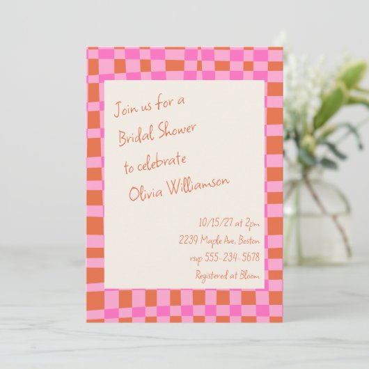 Geruit Roze Sinaasappel Script Fun Vrijgezellenfee Kaart (Staand voorkant)