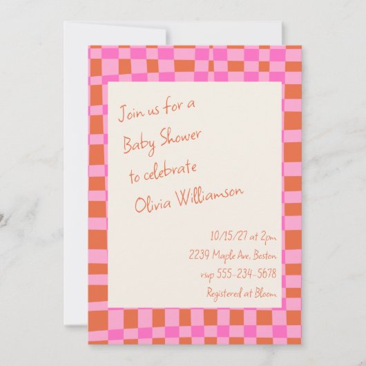 Geruit Roze Sinaasappel Script Schattige Baby show Kaart (Voorkant)