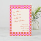 Geruit Roze Sinaasappel Script Schattige Baby show Kaart (Staand voorkant)